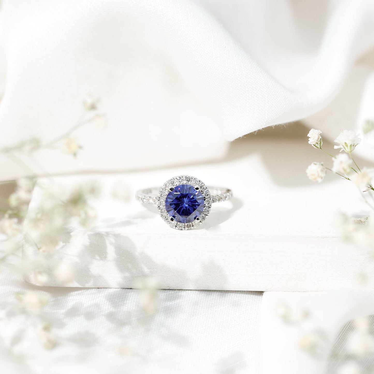 8 mm Round Lab Created Blue Sapphire Classic Engagement Ring with Diamond Halo