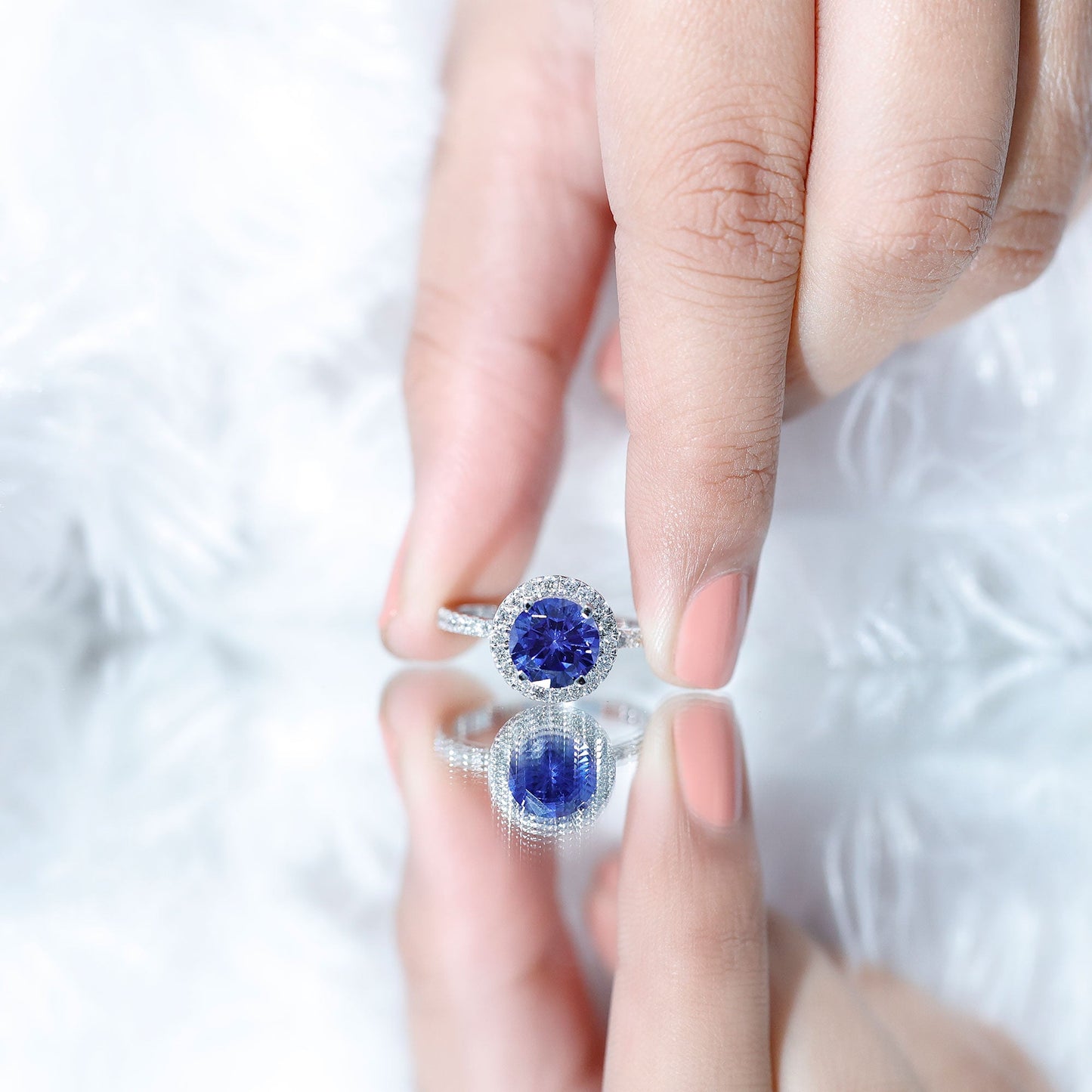 8 mm Round Lab Created Blue Sapphire Classic Engagement Ring with Diamond Halo