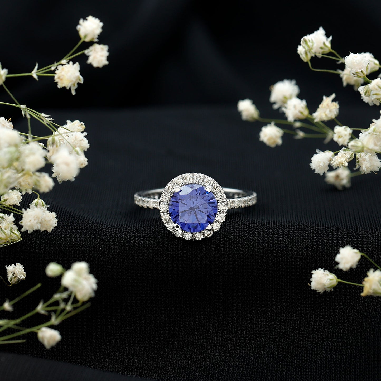 8 mm Round Lab Created Blue Sapphire Classic Engagement Ring with Diamond Halo