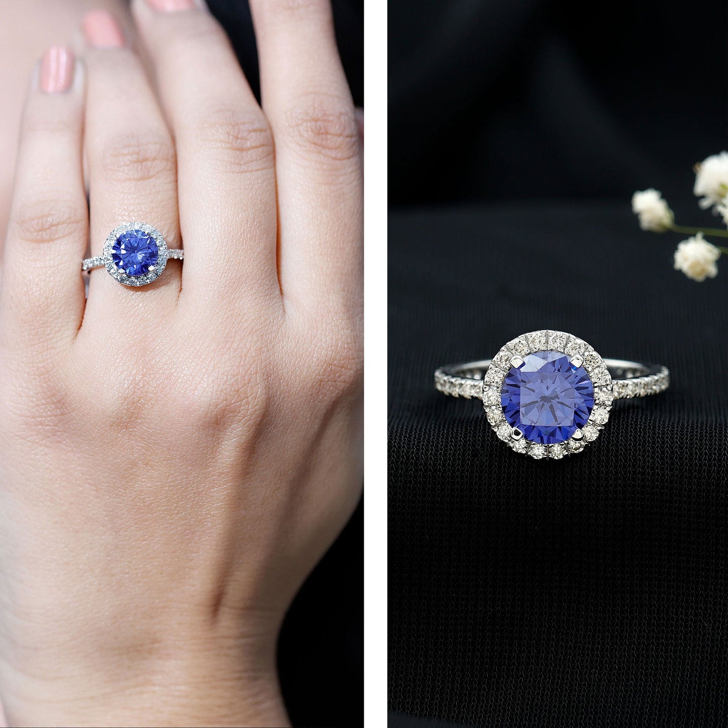 8 mm Round Lab Created Blue Sapphire Classic Engagement Ring with Diamond Halo