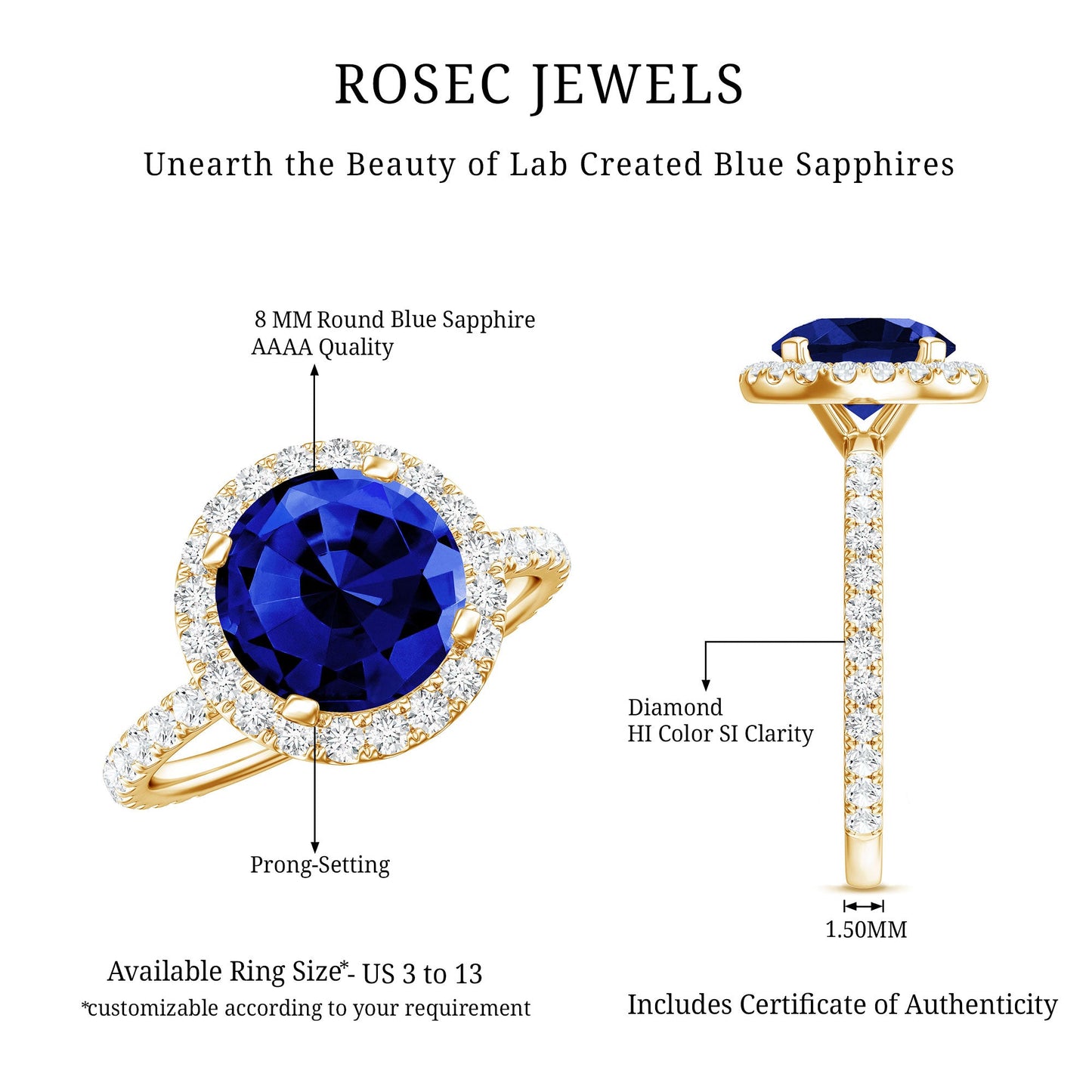 8 mm Round Lab Created Blue Sapphire Classic Engagement Ring with Diamond Halo