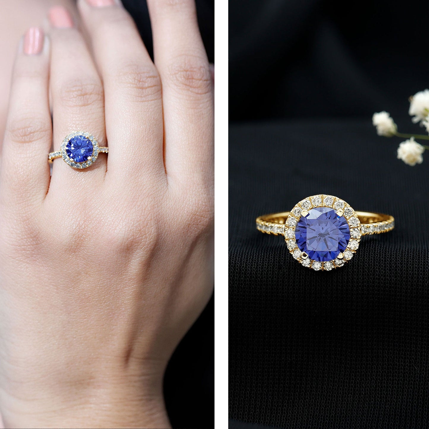 8 mm Round Lab Created Blue Sapphire Classic Engagement Ring with Diamond Halo