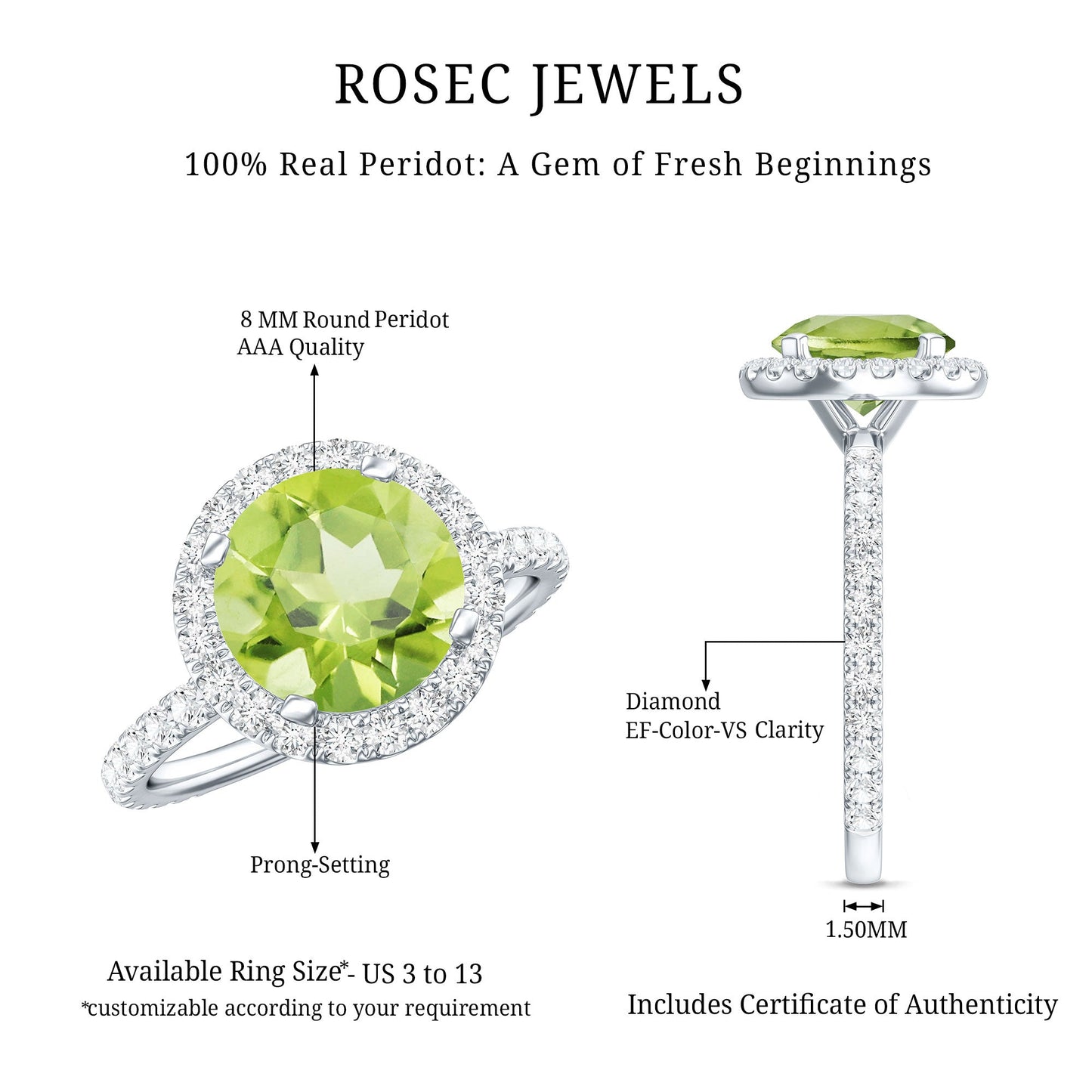 2 CT Round Peridot Engagement Ring with Moissanite Halo