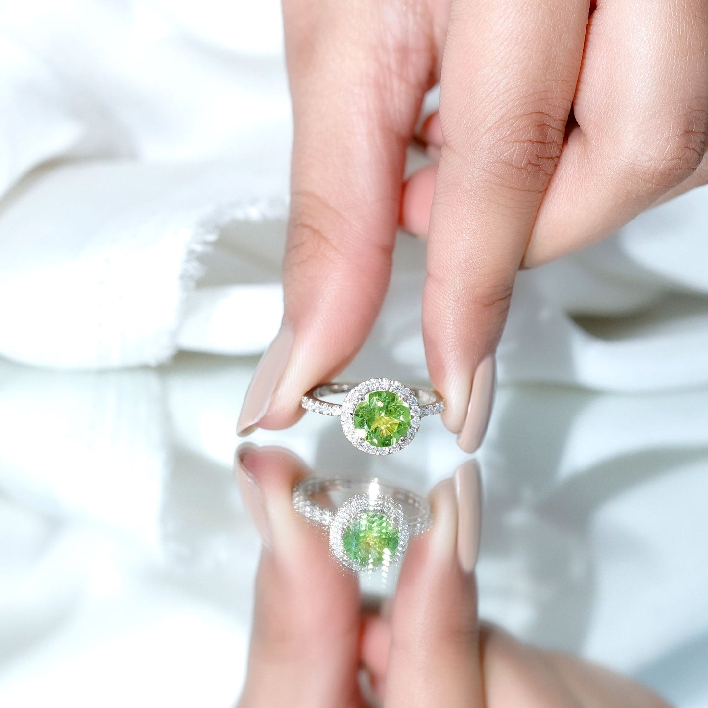 2 CT Round Peridot Engagement Ring with Moissanite Halo