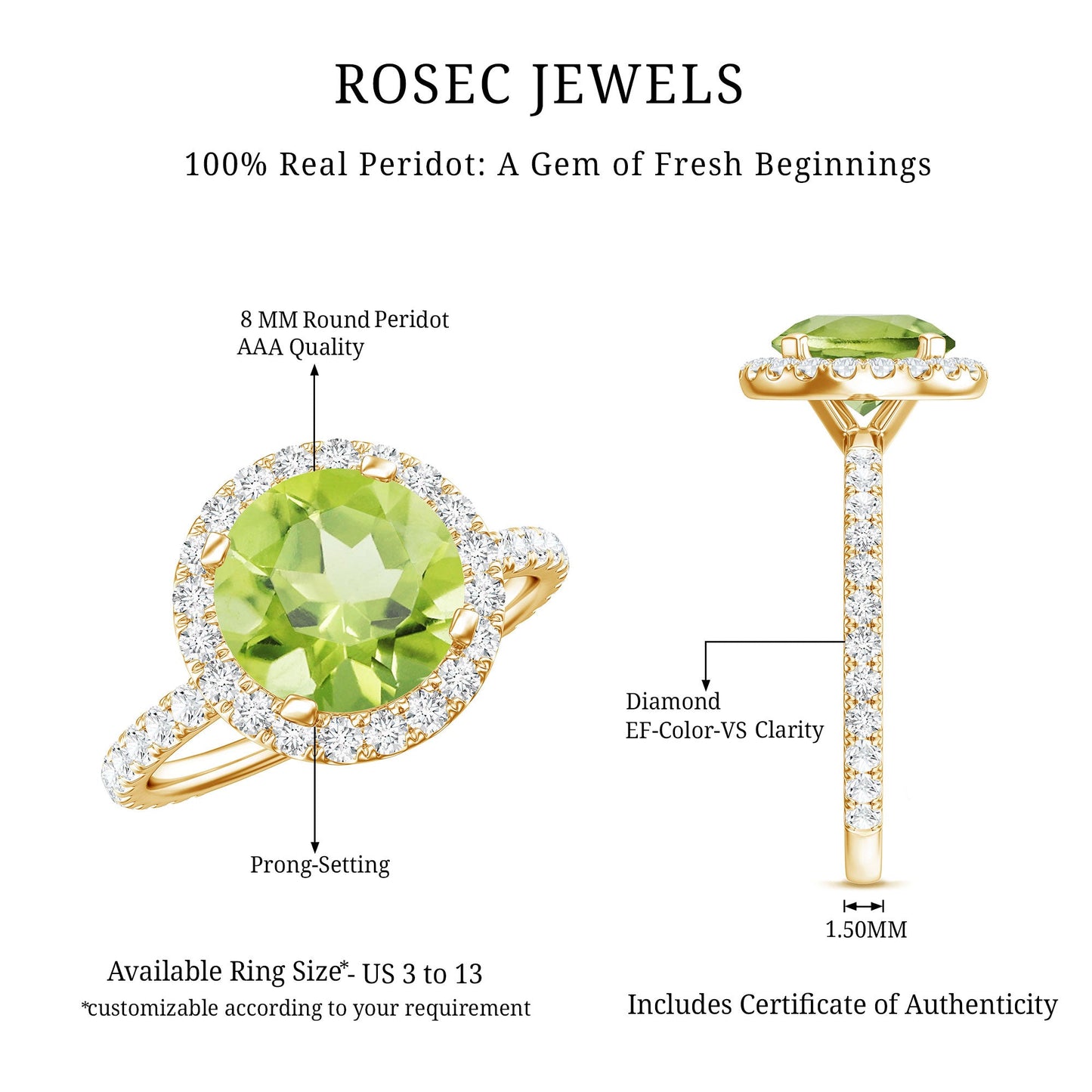 2 CT Round Peridot Engagement Ring with Moissanite Halo