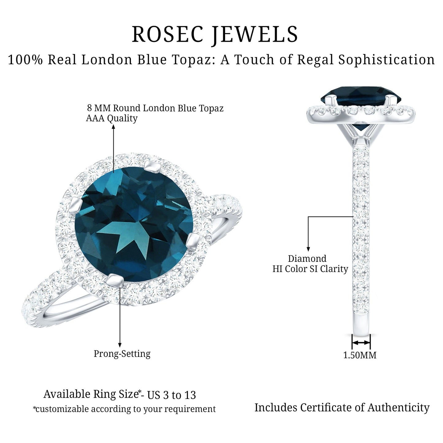 8MM London Blue Topaz Classic Engagement Ring with Diamond