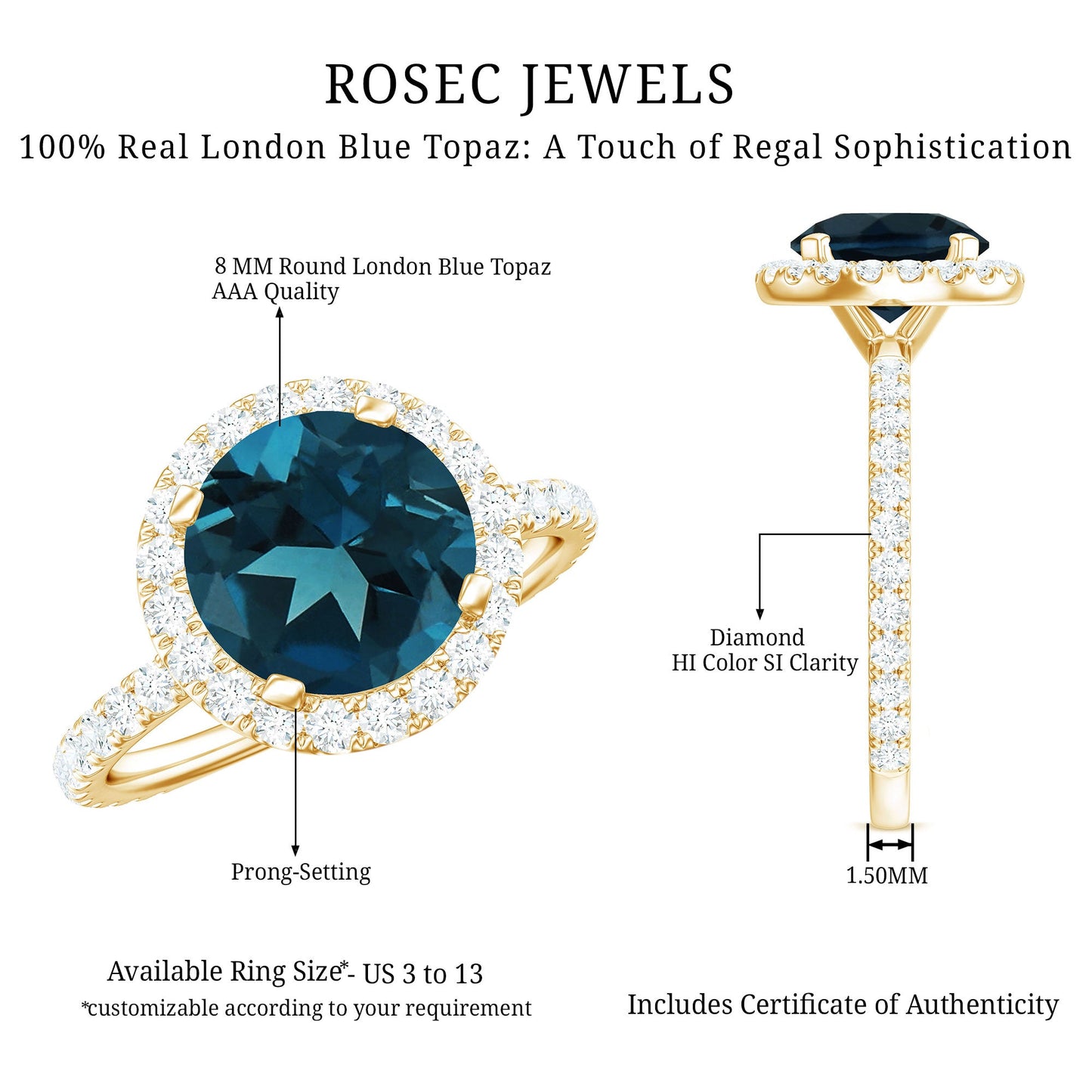 8MM London Blue Topaz Classic Engagement Ring with Diamond