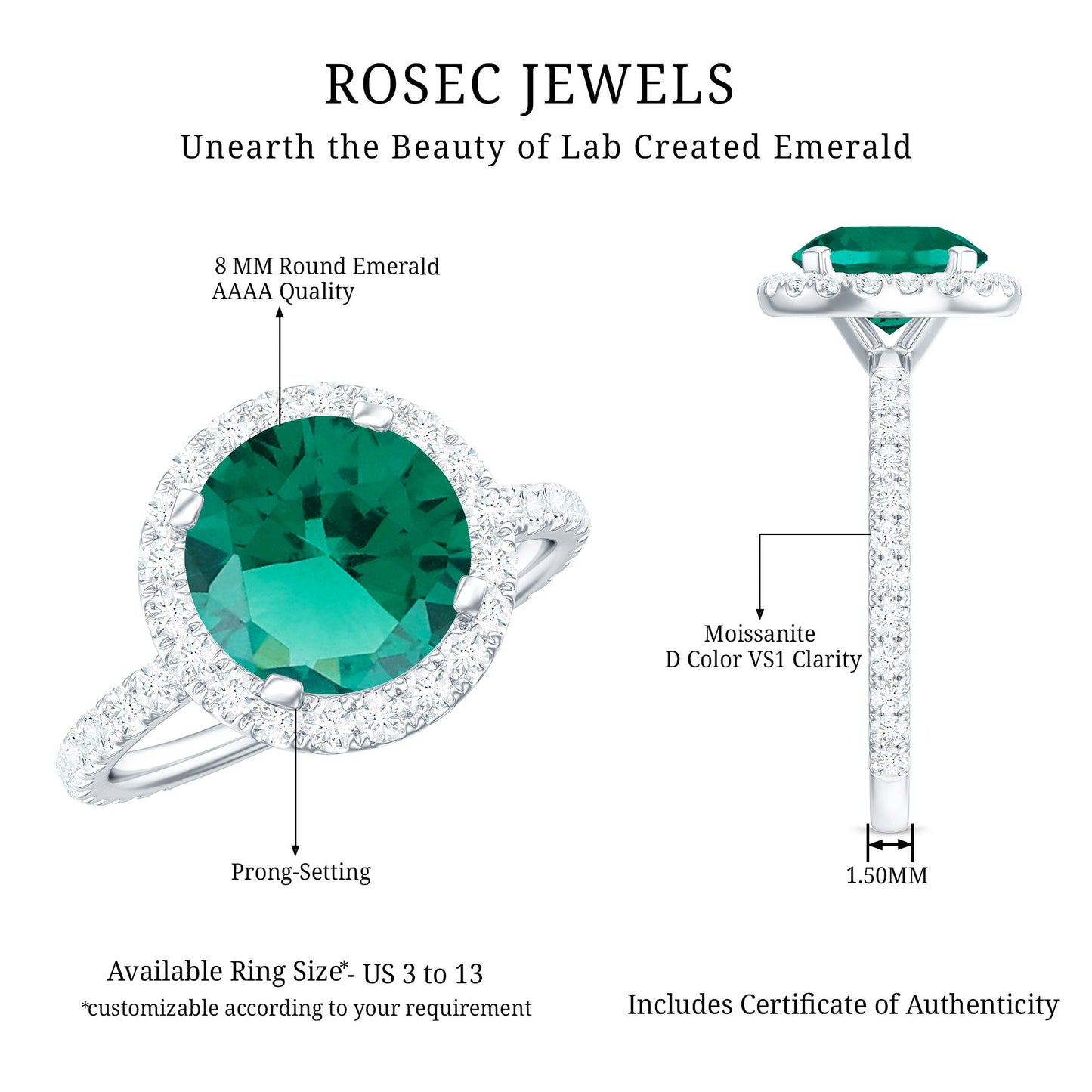 Certified 8 mm Lab Grown Emerald Classic Engagement Ring with Halo