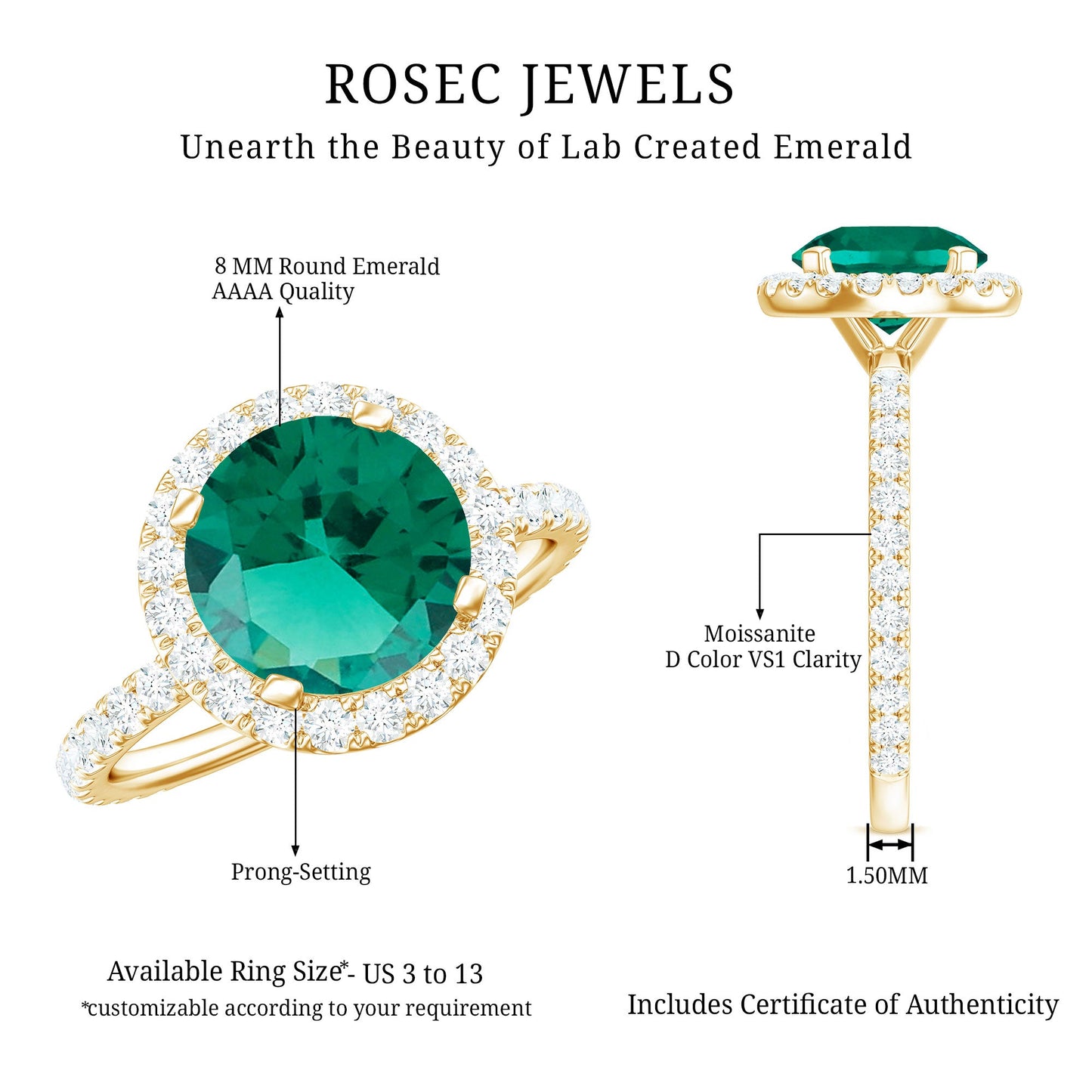 Certified 8 mm Lab Grown Emerald Classic Engagement Ring with Halo