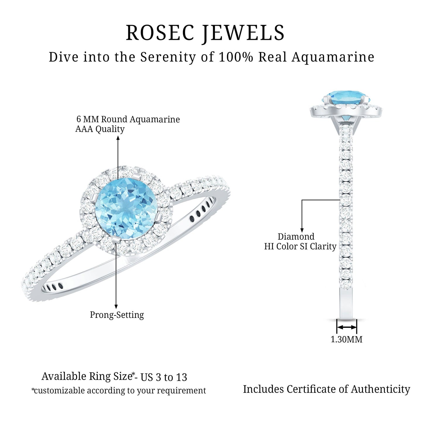 Genuine Blue Aquamarine Ring with Diamond Accent