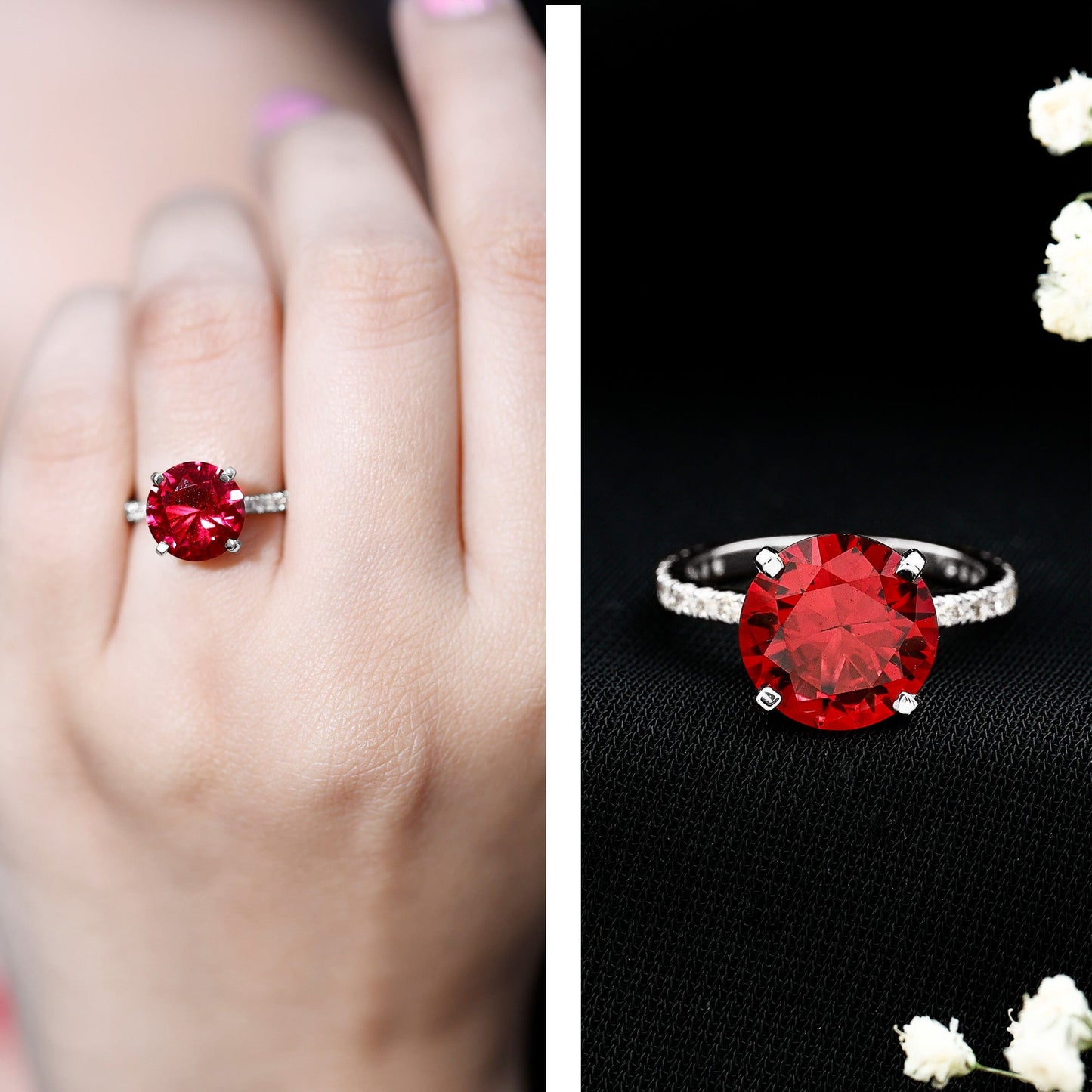 Certified Lab Grown Ruby Solitaire Engagement Ring with Diamond Side Stones