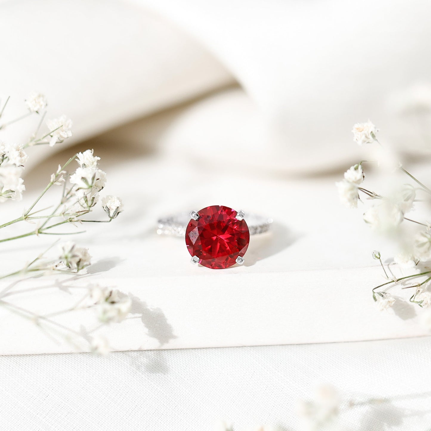 Certified Lab Grown Ruby Solitaire Engagement Ring with Diamond Side Stones