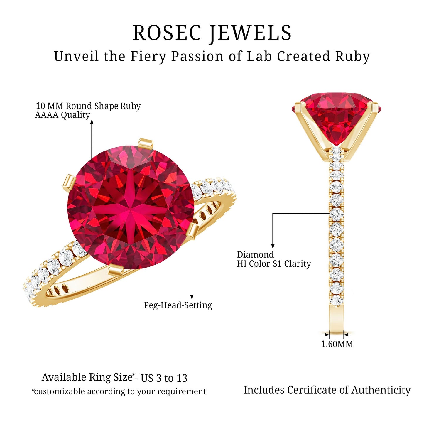 Certified Lab Grown Ruby Solitaire Engagement Ring with Diamond Side Stones
