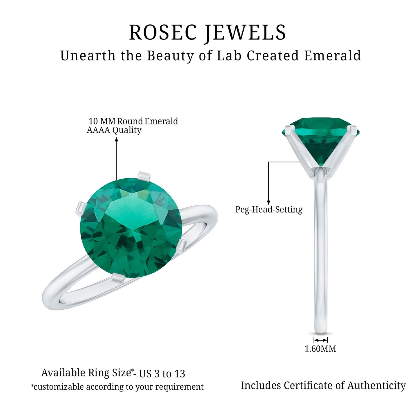 10mm Round Lab Created Emerald Solitaire Ring