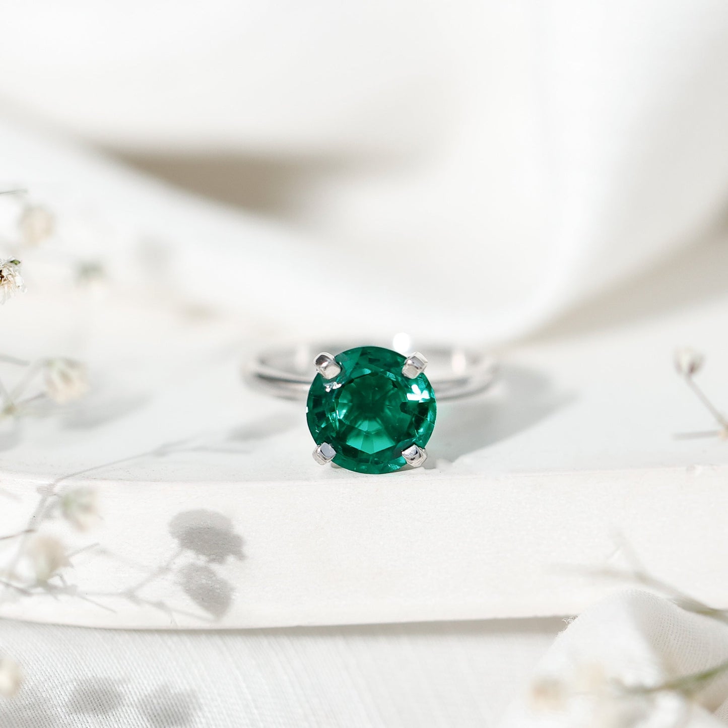 10mm Round Lab Created Emerald Solitaire Ring