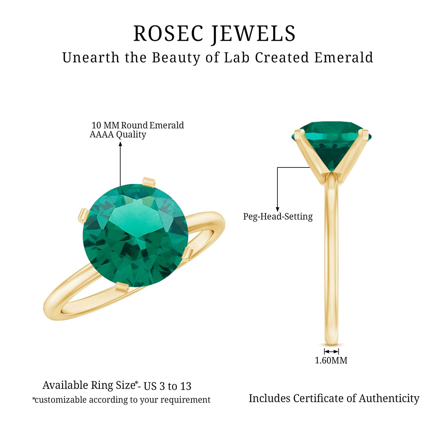 10mm Round Lab Created Emerald Solitaire Ring