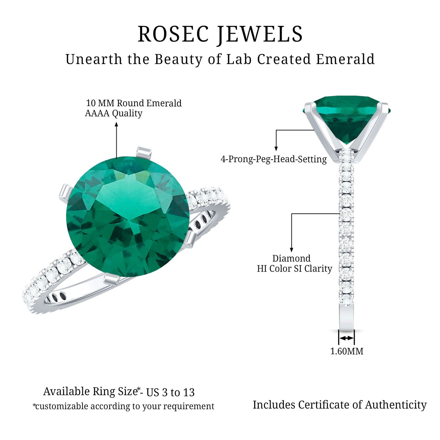Certified 10 mm Solitaire Lab Grown Emerald Engagement Ring with Diamond
