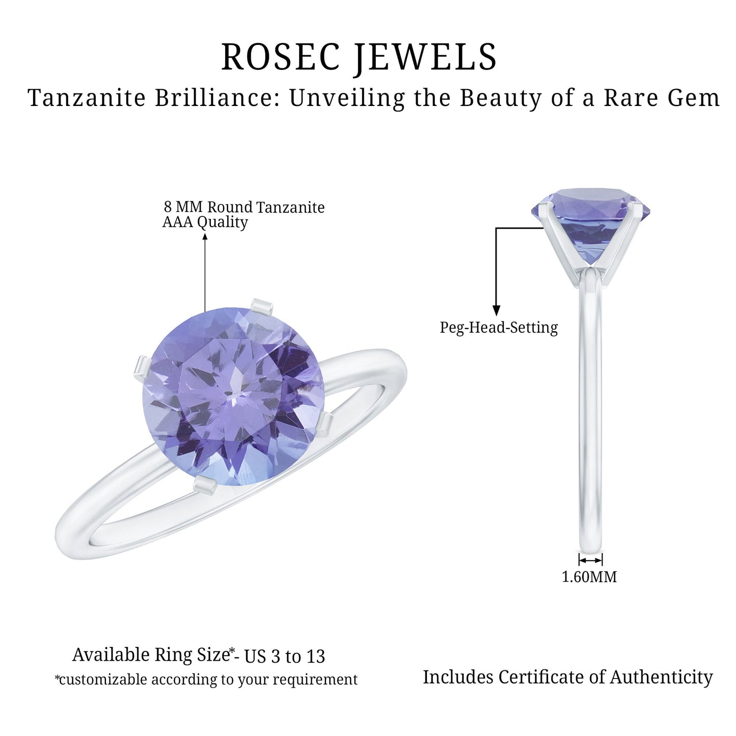 3 Carat Lab Grown Tanzanite Solitaire Engagement Ring