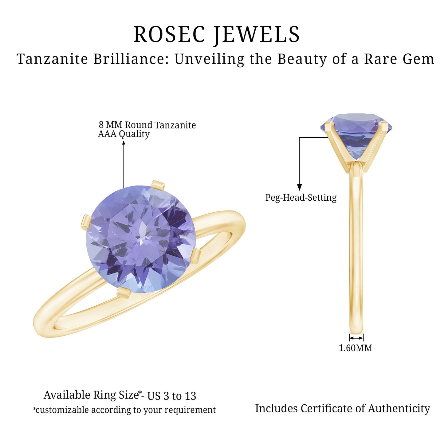 3 Carat Lab Grown Tanzanite Solitaire Engagement Ring