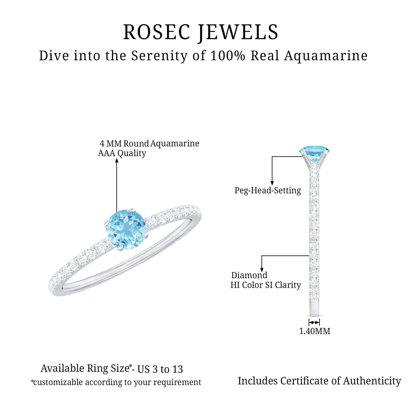 Real Aquamarine Solitaire Ring with Diamond Side Stones