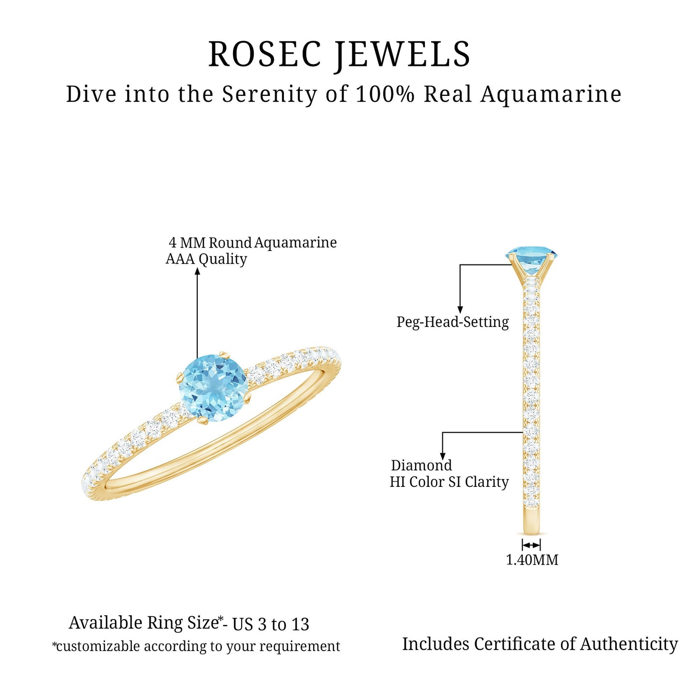 Real Aquamarine Solitaire Ring with Diamond Side Stones