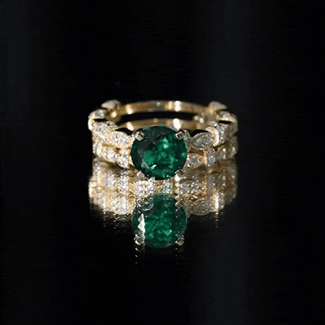 8 mm Round Lab Created Emerald and Moissanite Vintage Inspired Ring Set