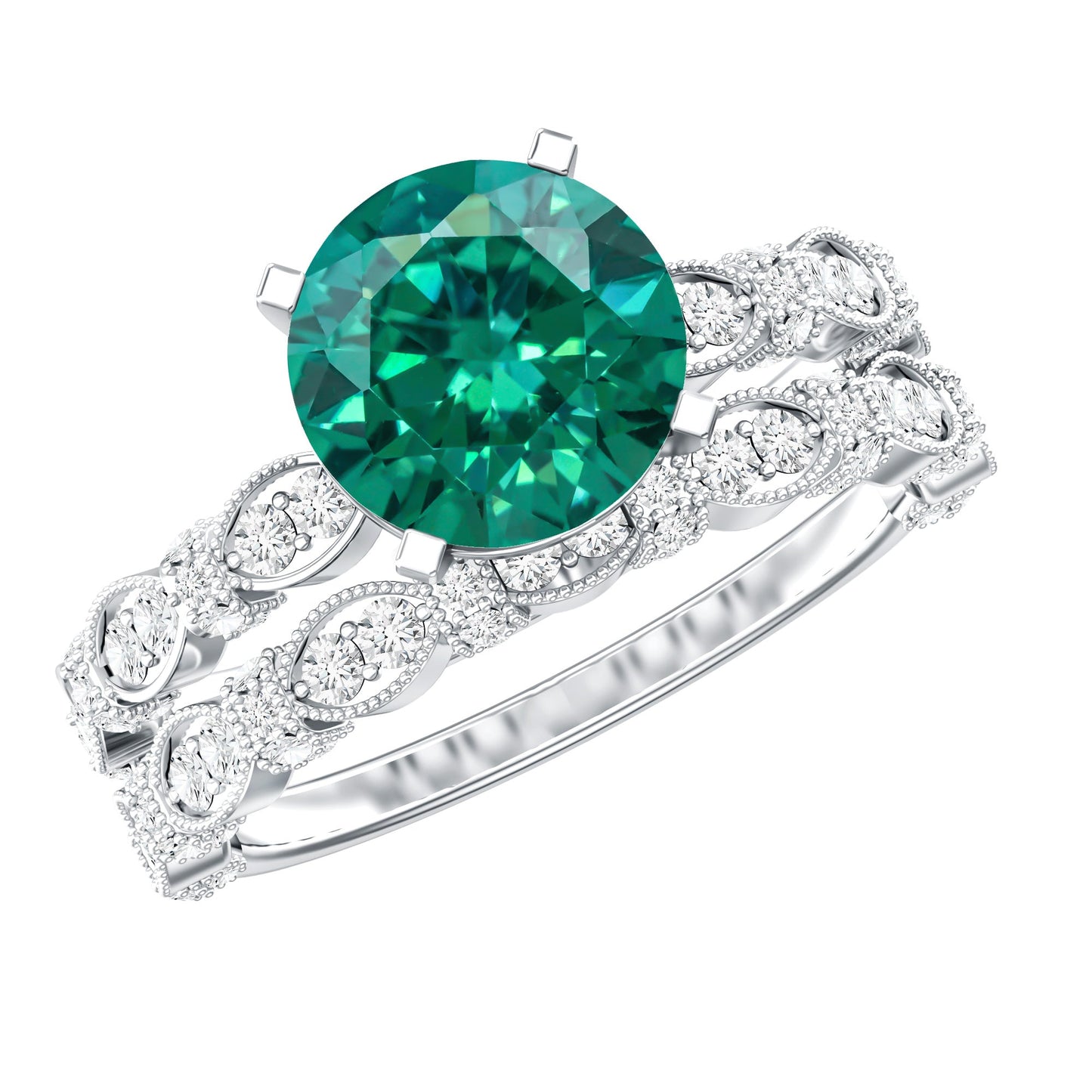 8 mm Round Lab Created Emerald and Moissanite Vintage Inspired Ring Set