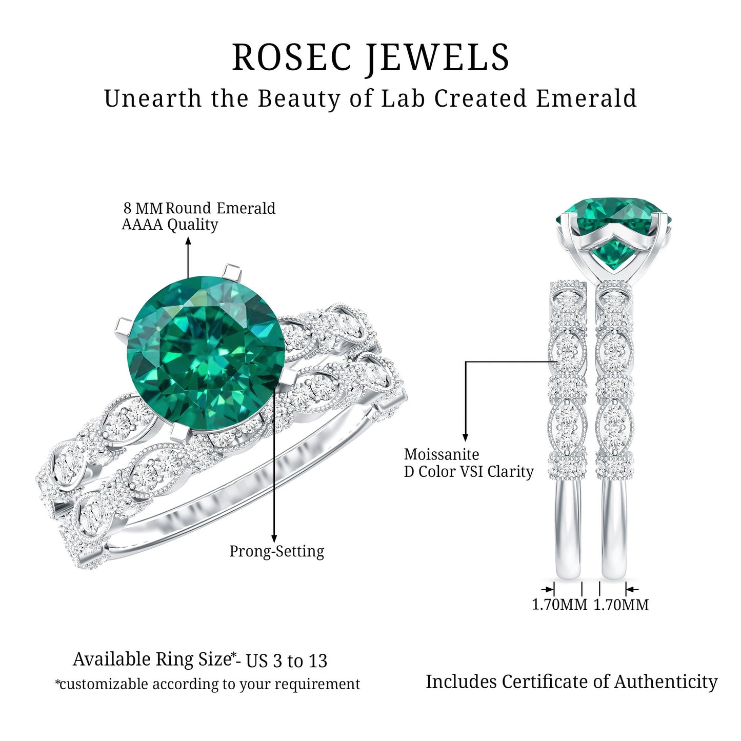 8 mm Round Lab Created Emerald and Moissanite Vintage Inspired Ring Set