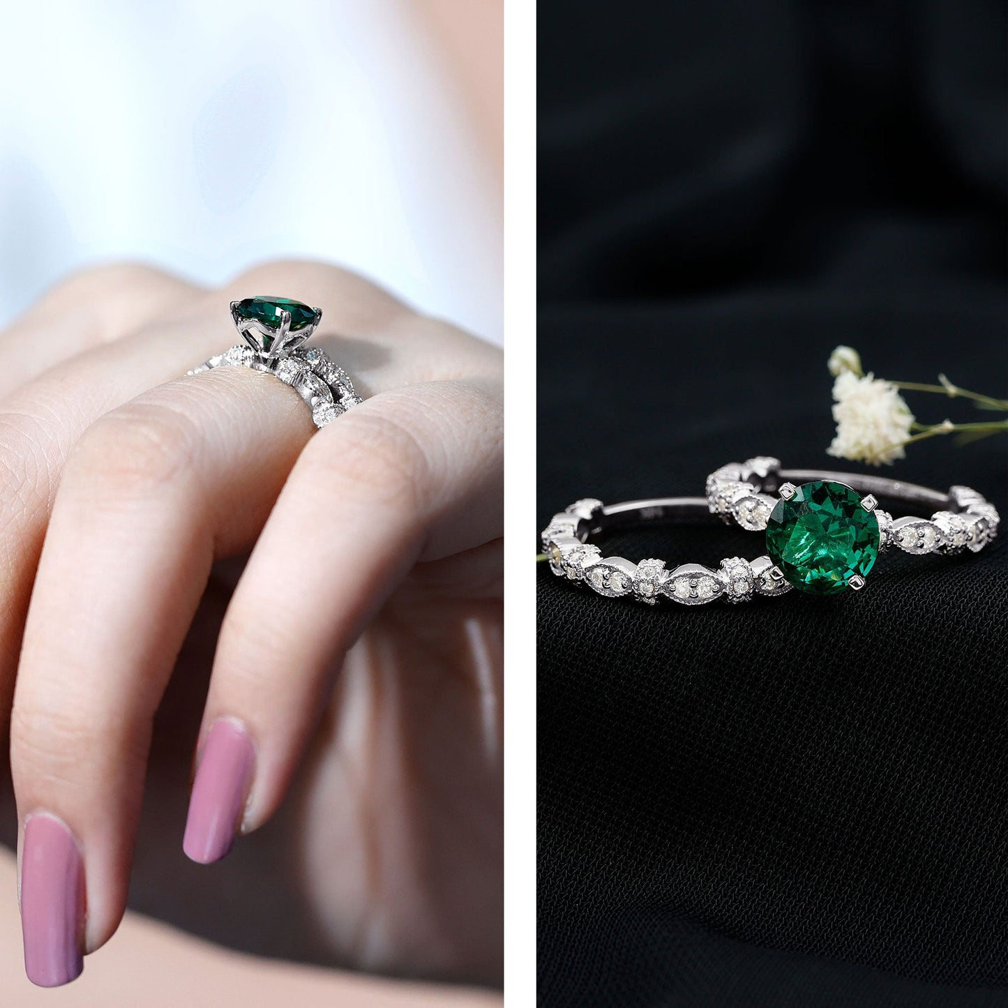 8 mm Round Lab Created Emerald and Moissanite Vintage Inspired Ring Set
