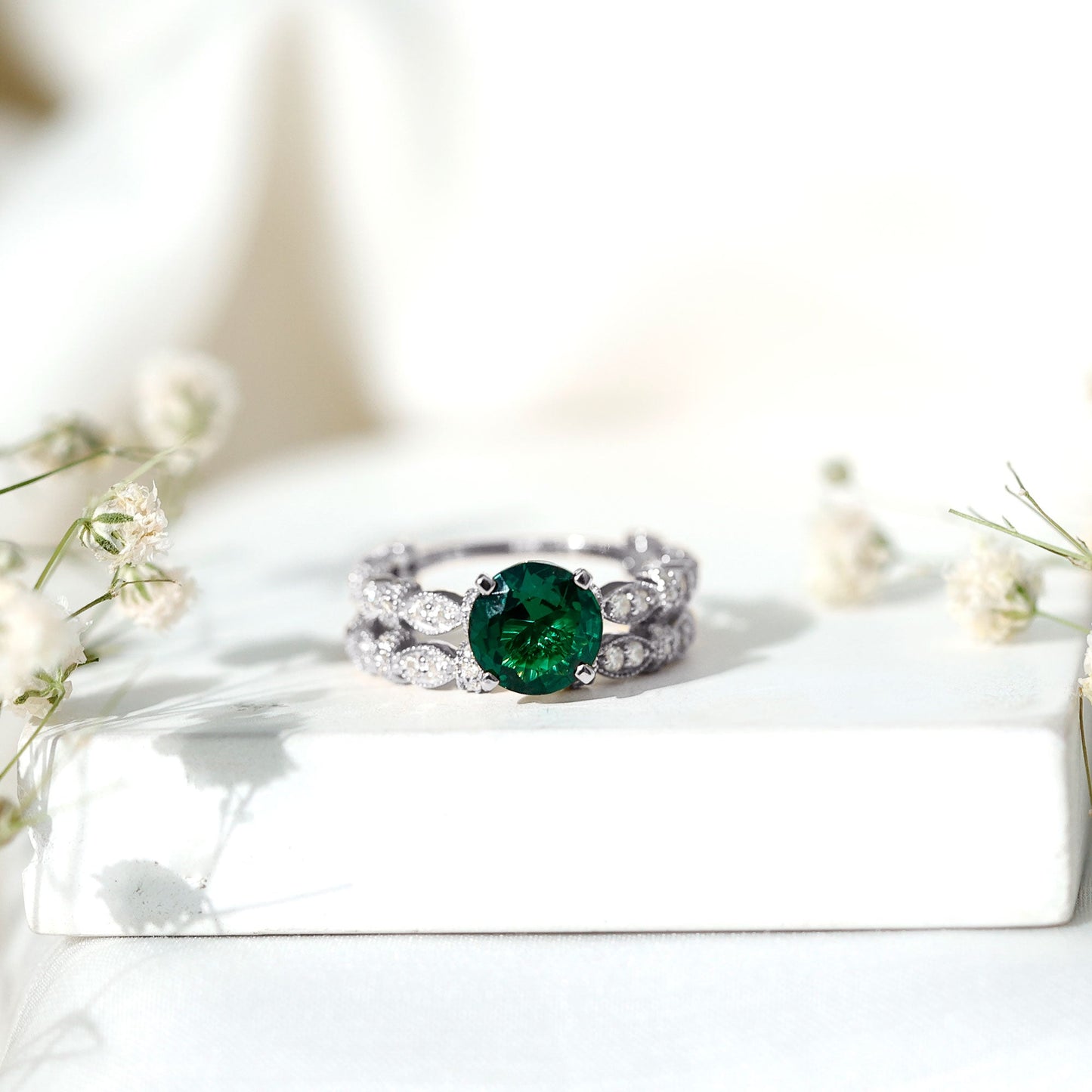 8 mm Round Lab Created Emerald and Moissanite Vintage Inspired Ring Set