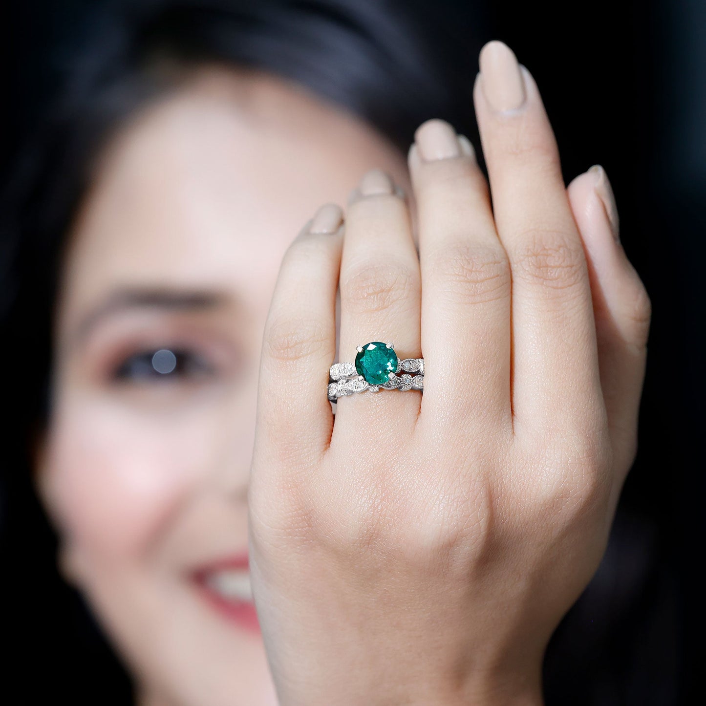 8 mm Round Lab Created Emerald and Moissanite Vintage Inspired Ring Set