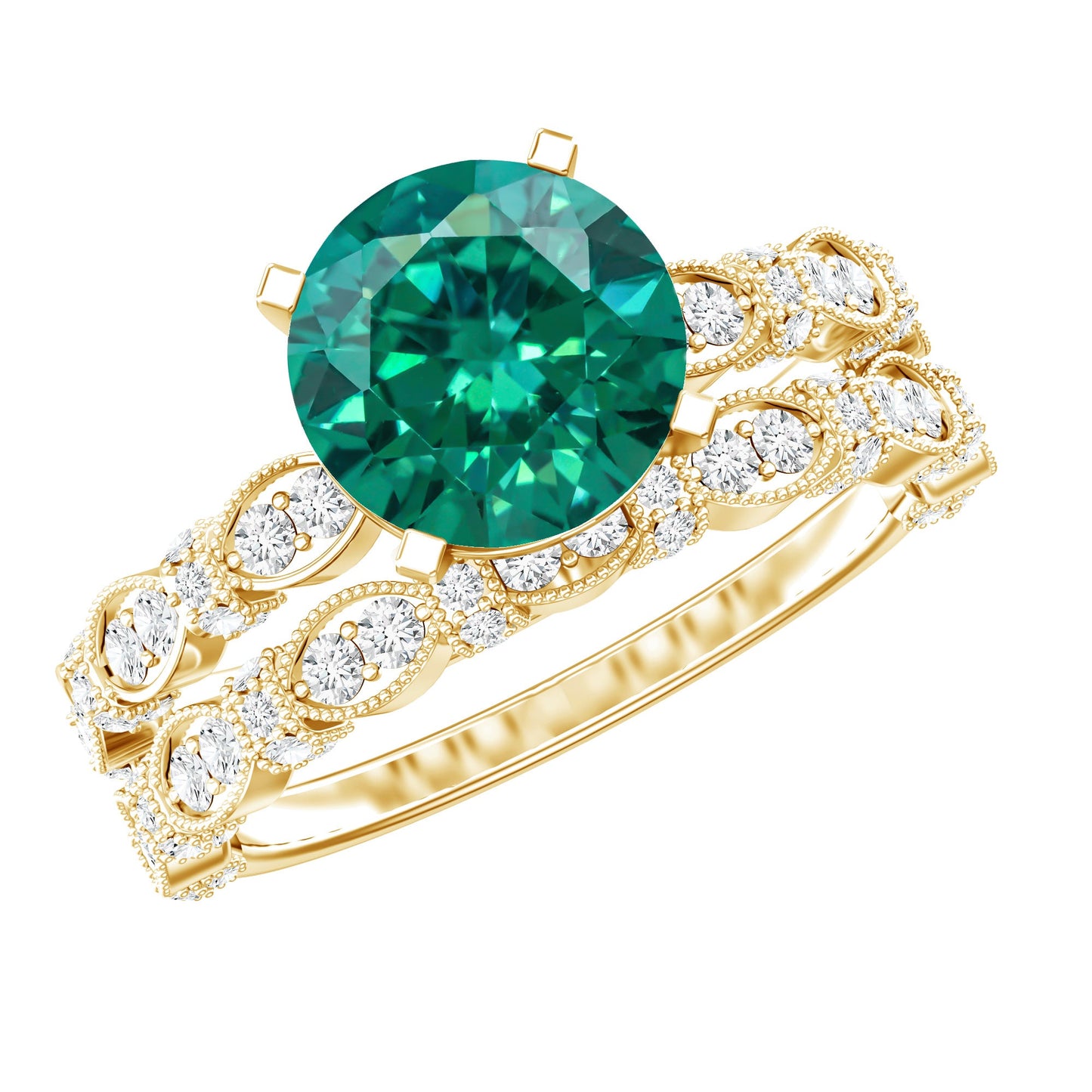8 mm Round Lab Created Emerald and Moissanite Vintage Inspired Ring Set