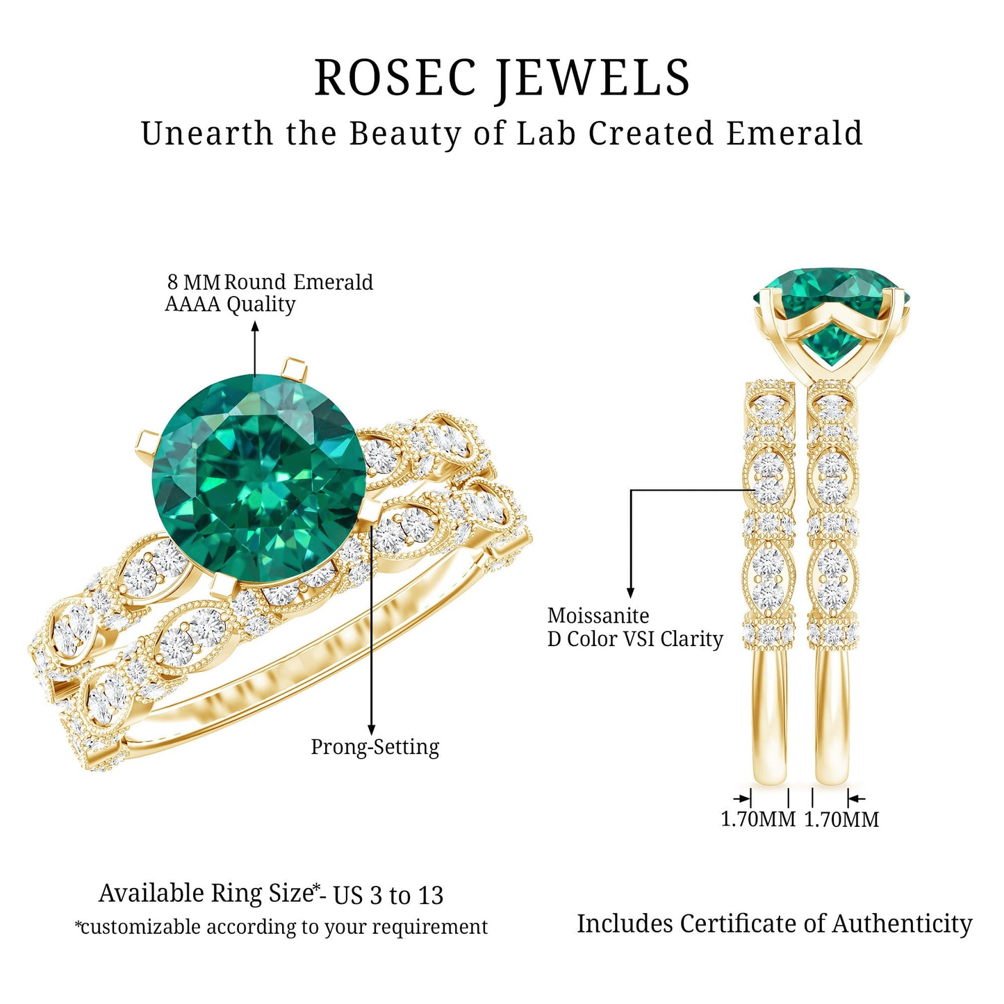 8 mm Round Lab Created Emerald and Moissanite Vintage Inspired Ring Set