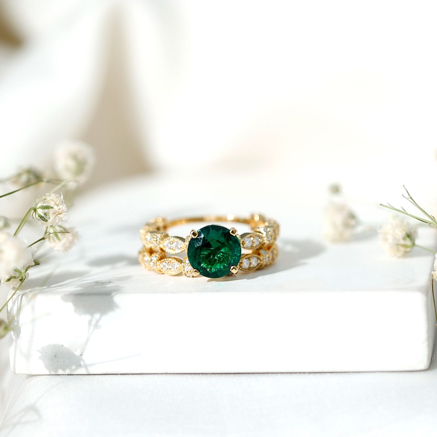 8 mm Round Lab Created Emerald and Moissanite Vintage Inspired Ring Set