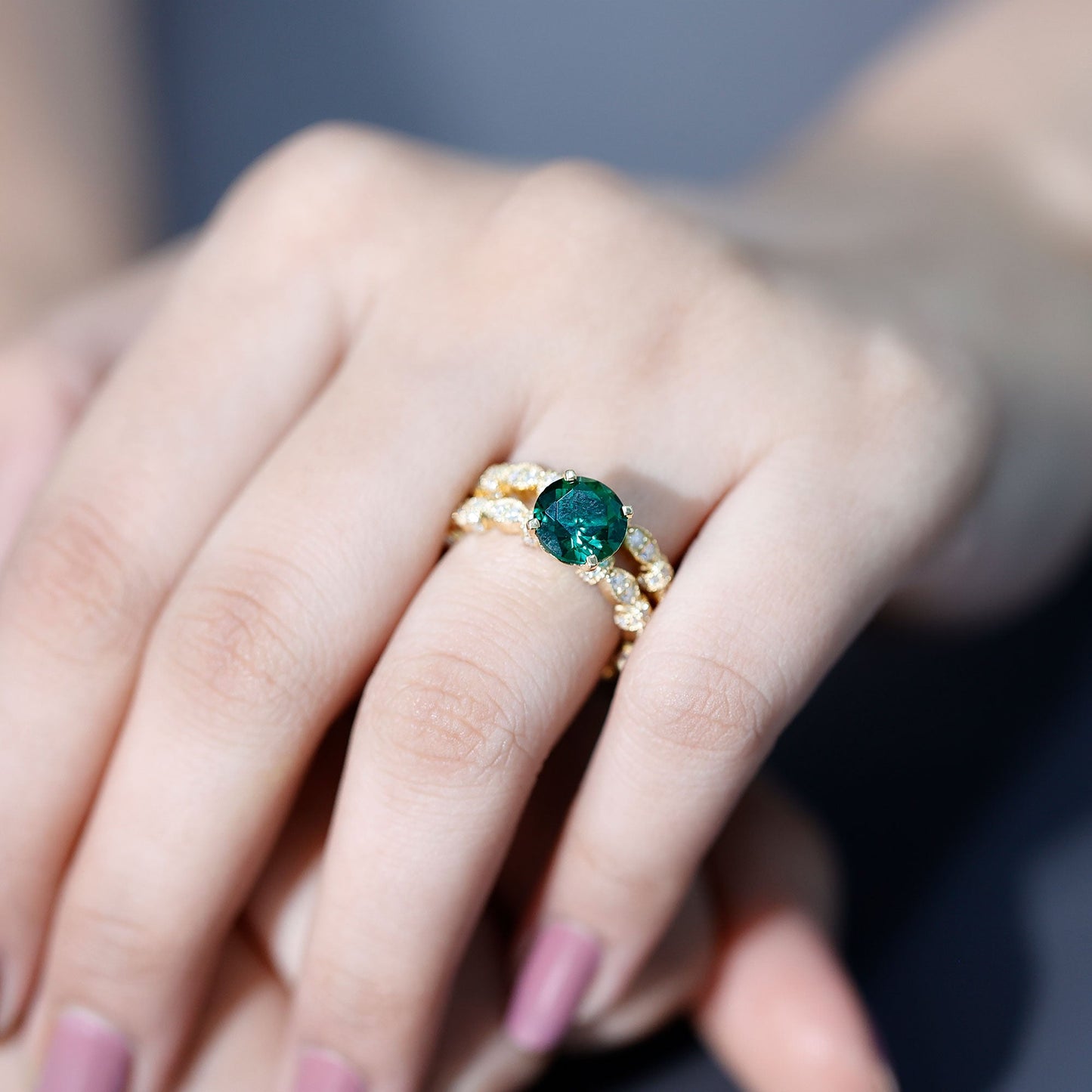 8 mm Round Lab Created Emerald and Moissanite Vintage Inspired Ring Set