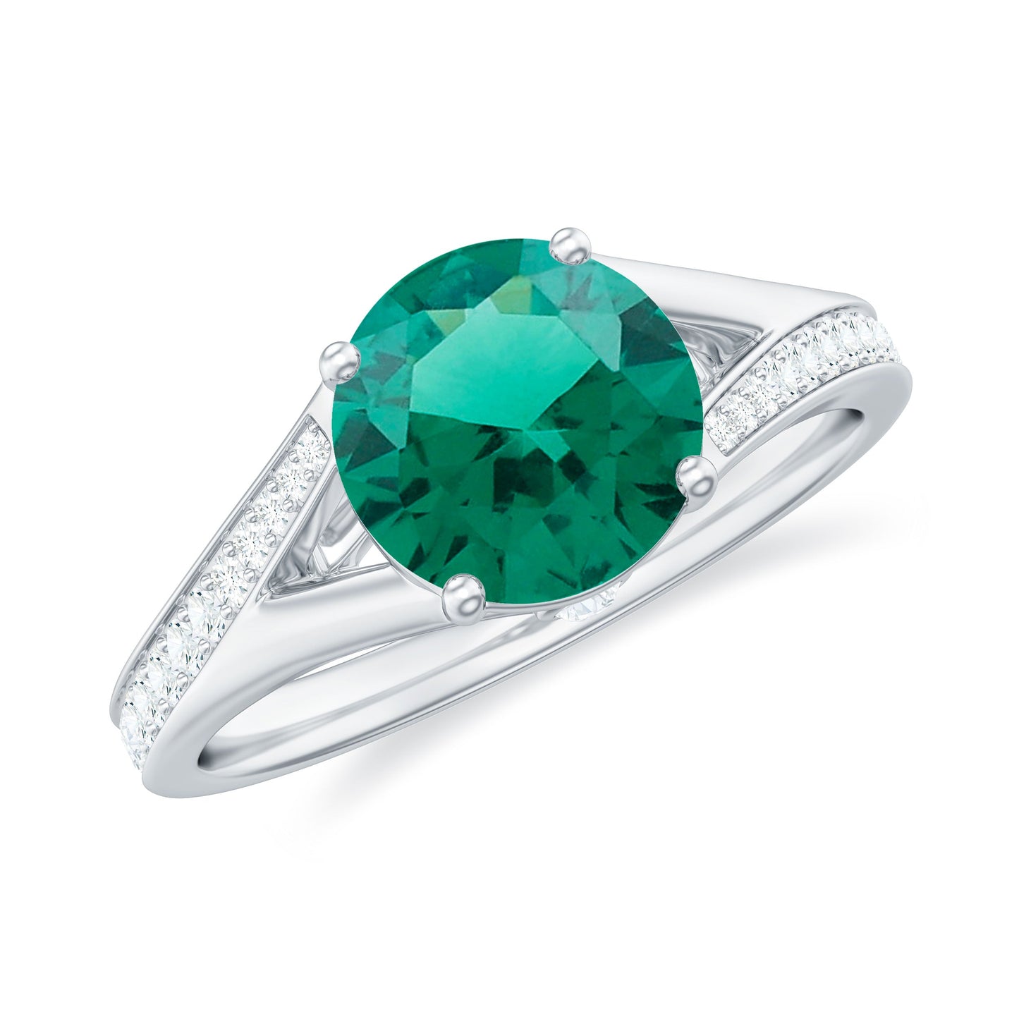Certified 8 mm Lab Grown Emerald Split Shank Engagement Ring with Diamond