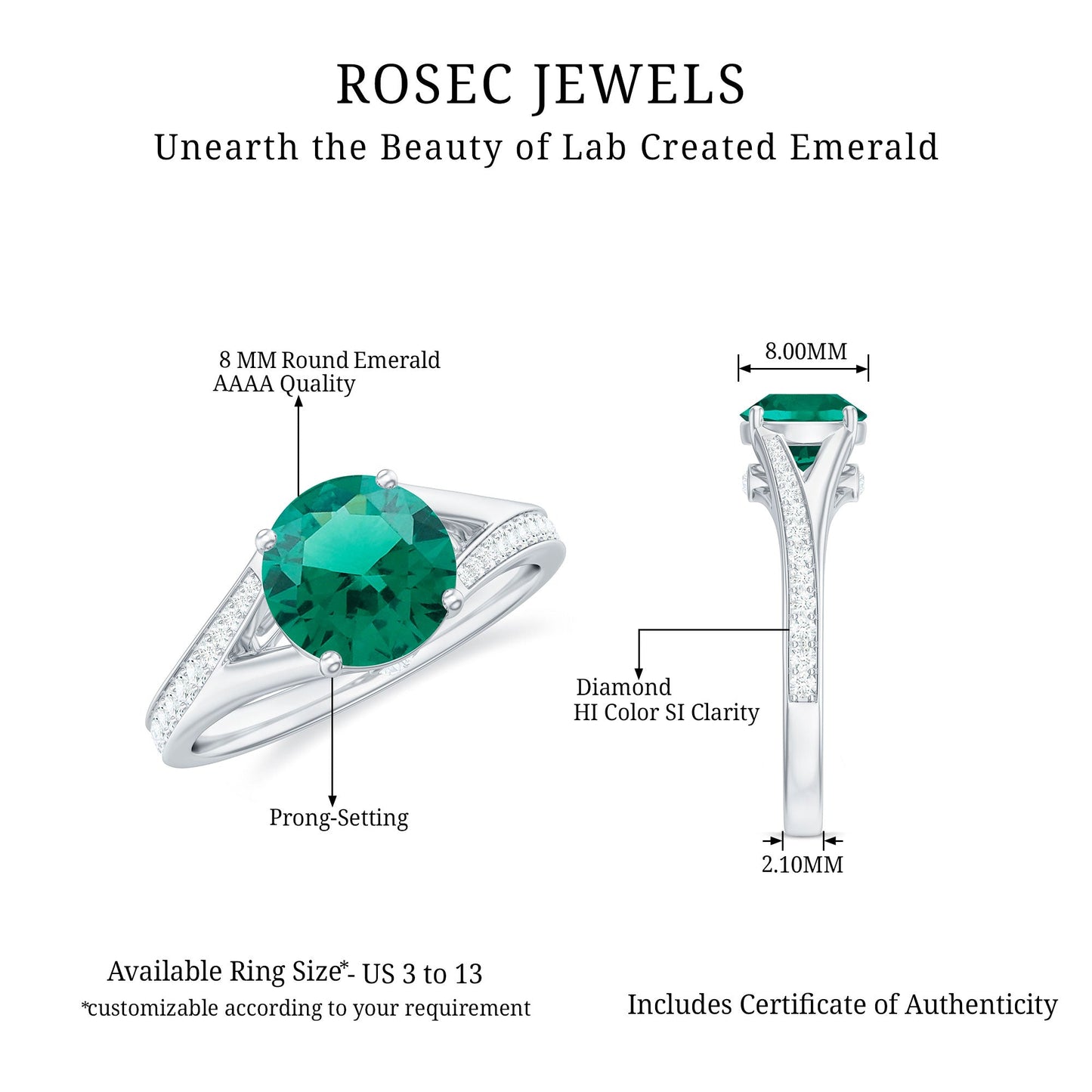 Certified 8 mm Lab Grown Emerald Split Shank Engagement Ring with Diamond
