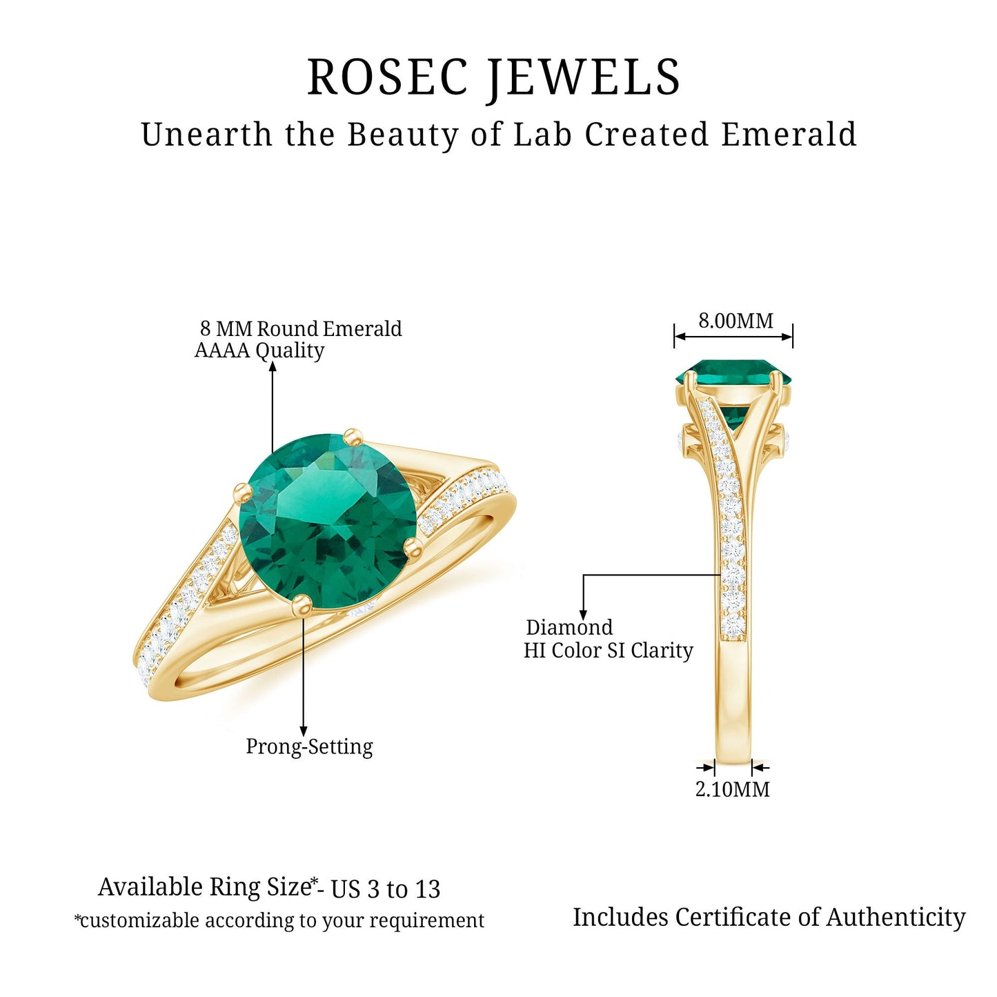 Certified 8 mm Lab Grown Emerald Split Shank Engagement Ring with Diamond