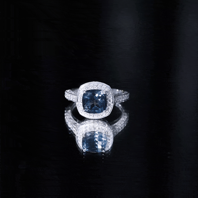 8 mm Cushion Cut London Blue Topaz Halo Engagement Ring with Diamond