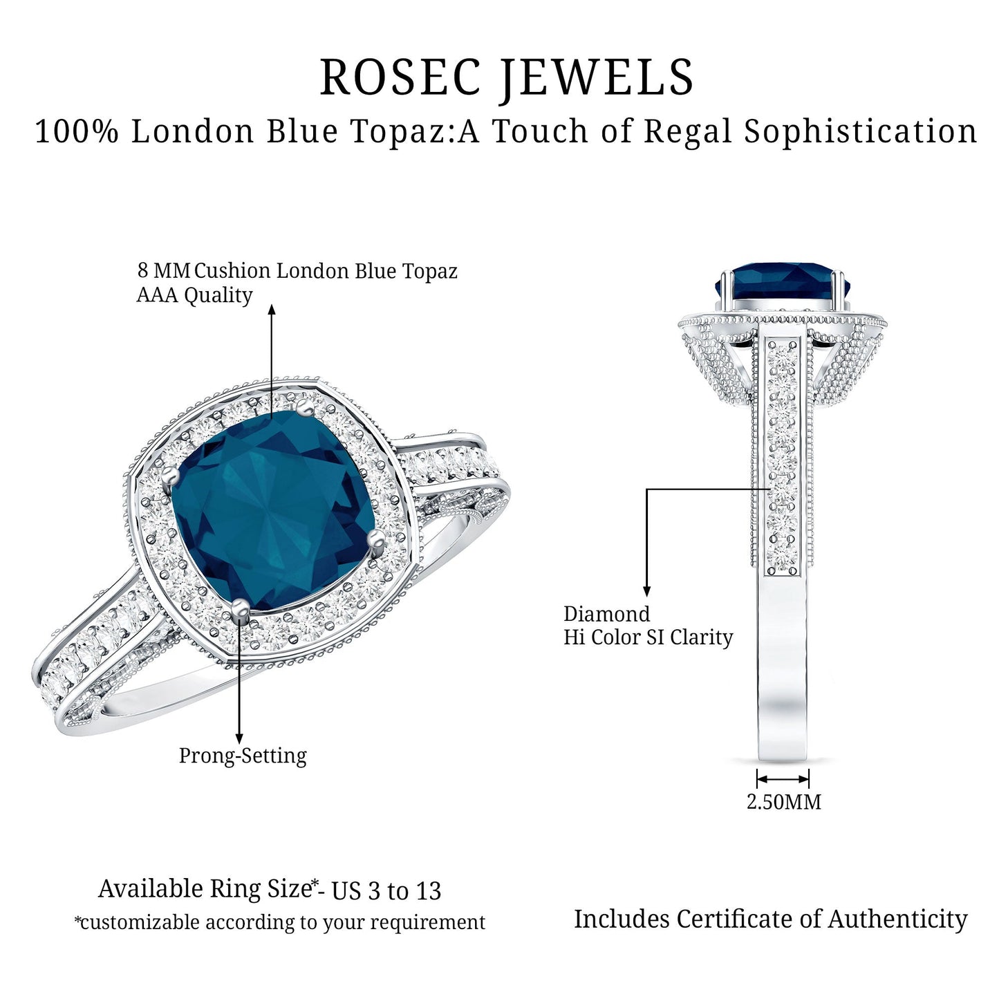 8 mm Cushion Cut London Blue Topaz Halo Engagement Ring with Diamond