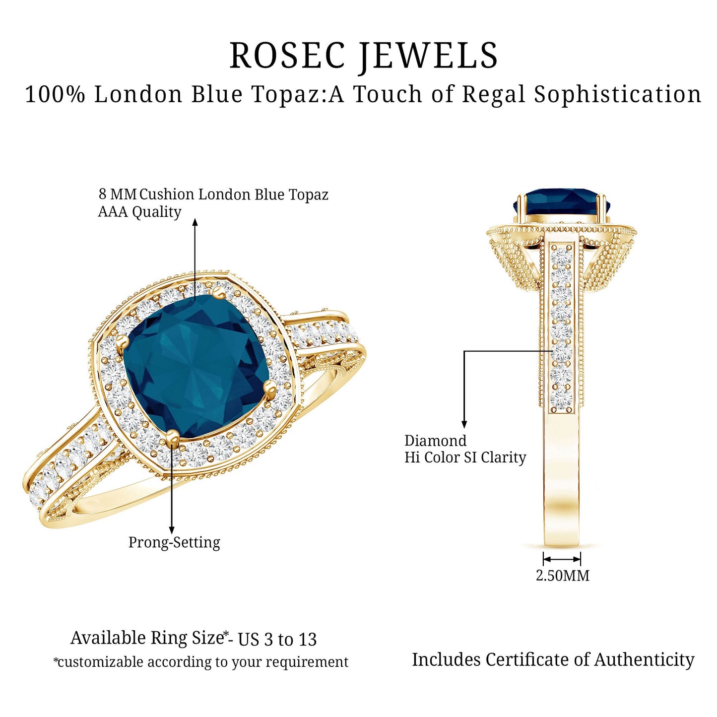 8 mm Cushion Cut London Blue Topaz Halo Engagement Ring with Diamond