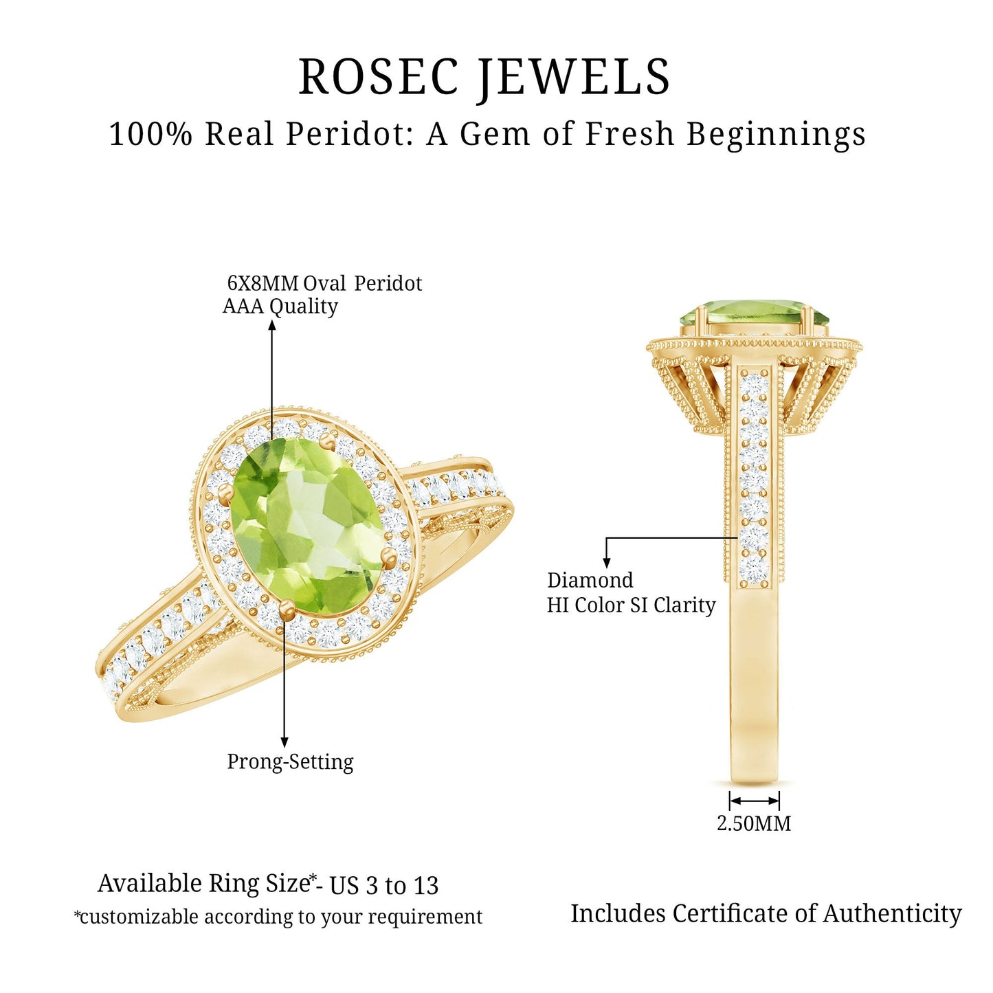 Natural Peridot and Diamond Engagement Ring with Milgrain Details