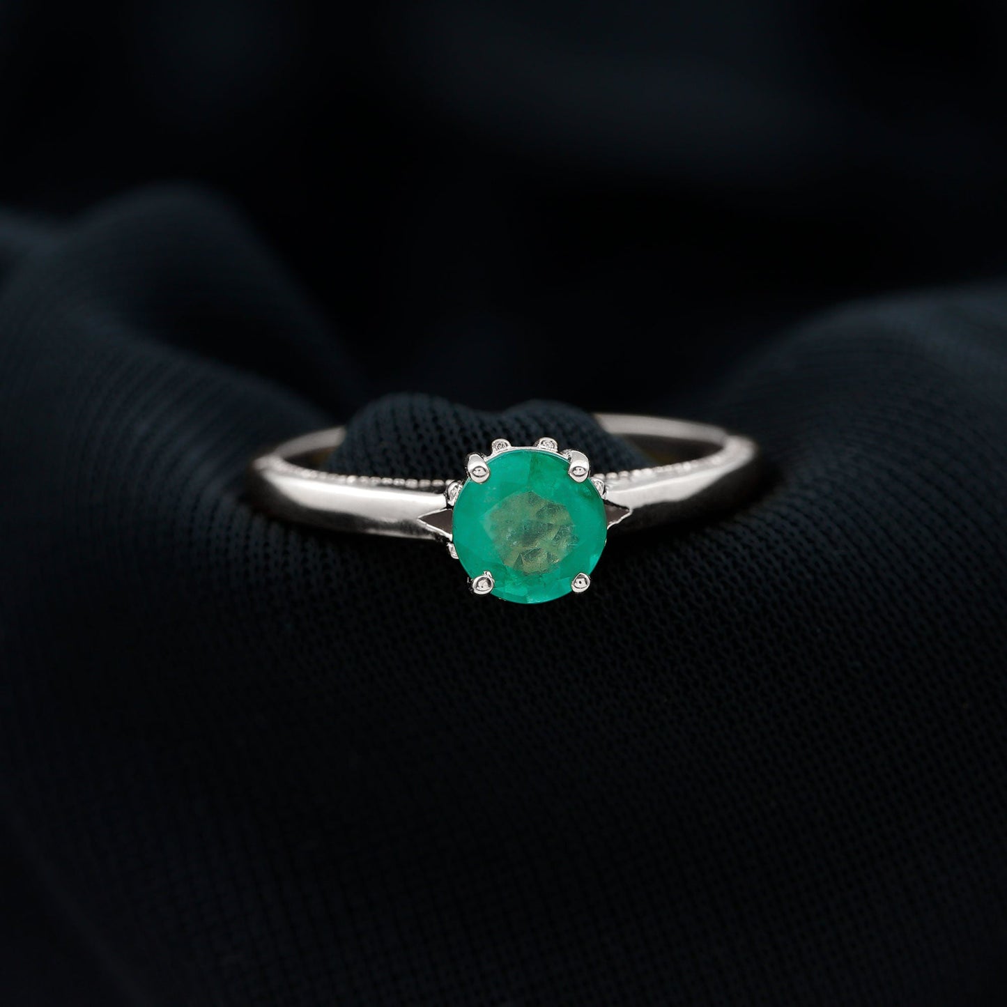 May Birthstone 5 MM Emerald Solitaire Ring with Milgrain Detailing
