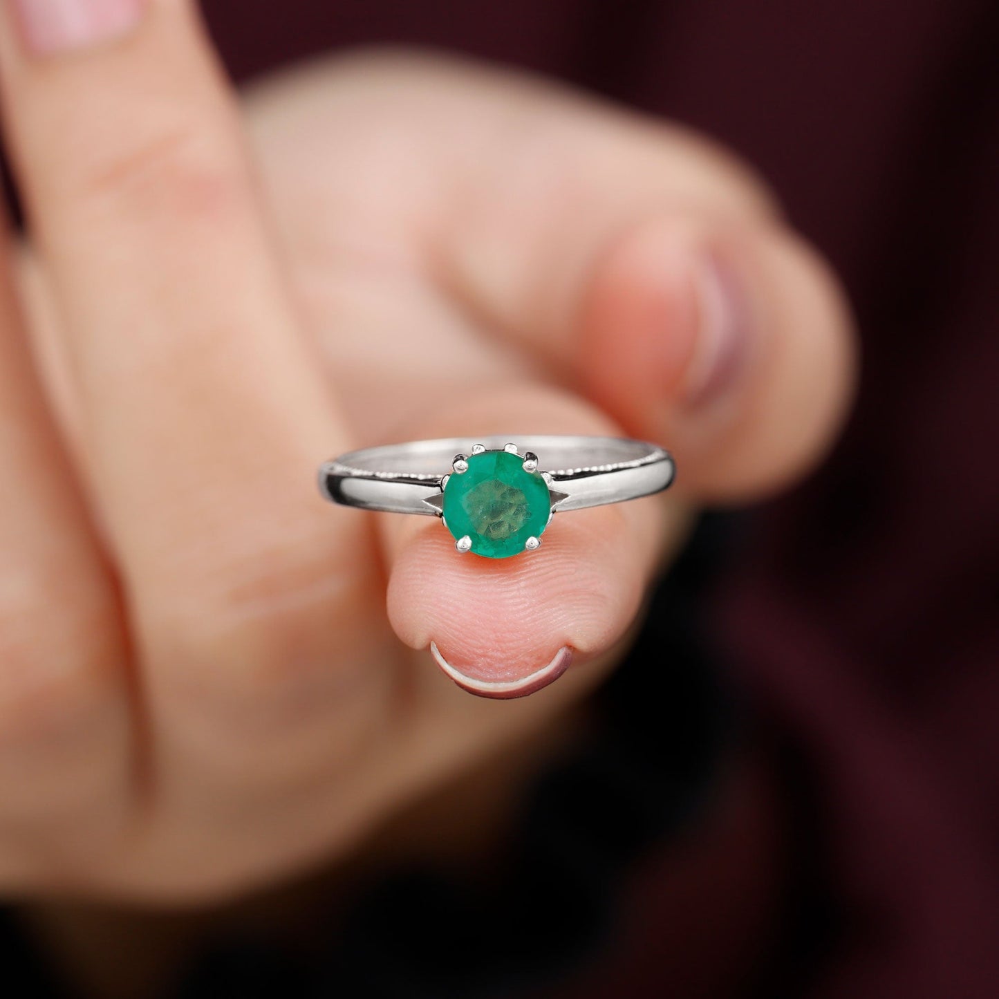 May Birthstone 5 MM Emerald Solitaire Ring with Milgrain Detailing