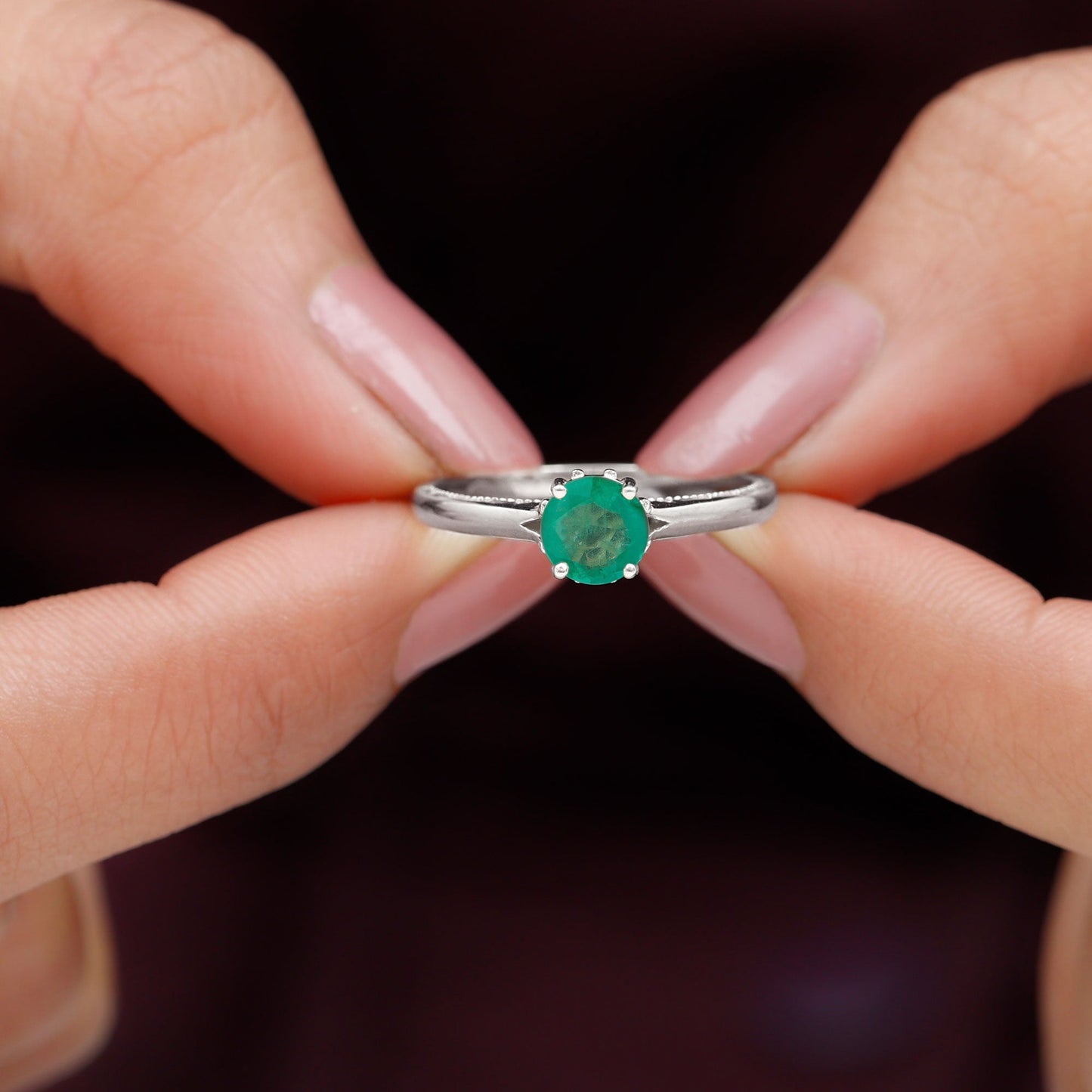May Birthstone 5 MM Emerald Solitaire Ring with Milgrain Detailing