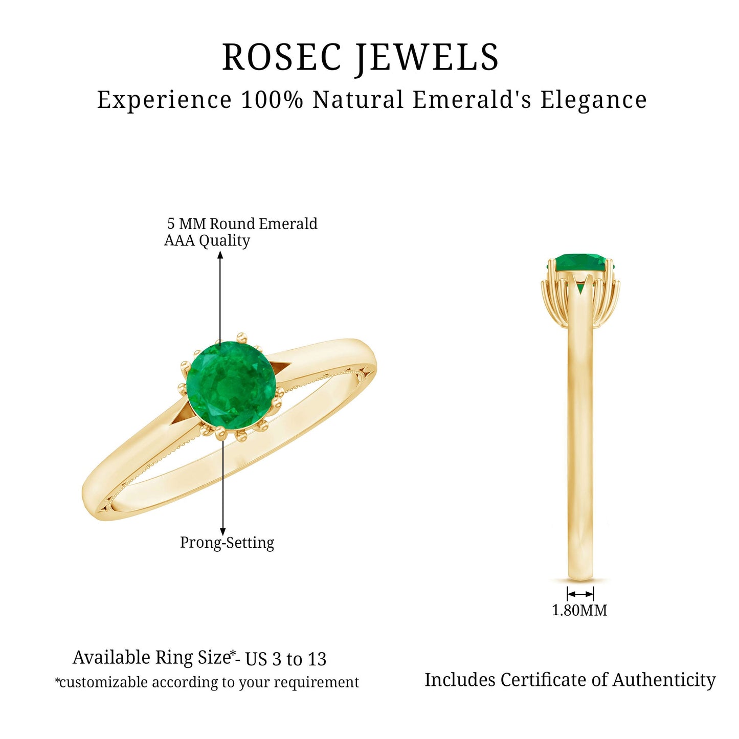 May Birthstone 5 MM Emerald Solitaire Ring with Milgrain Detailing