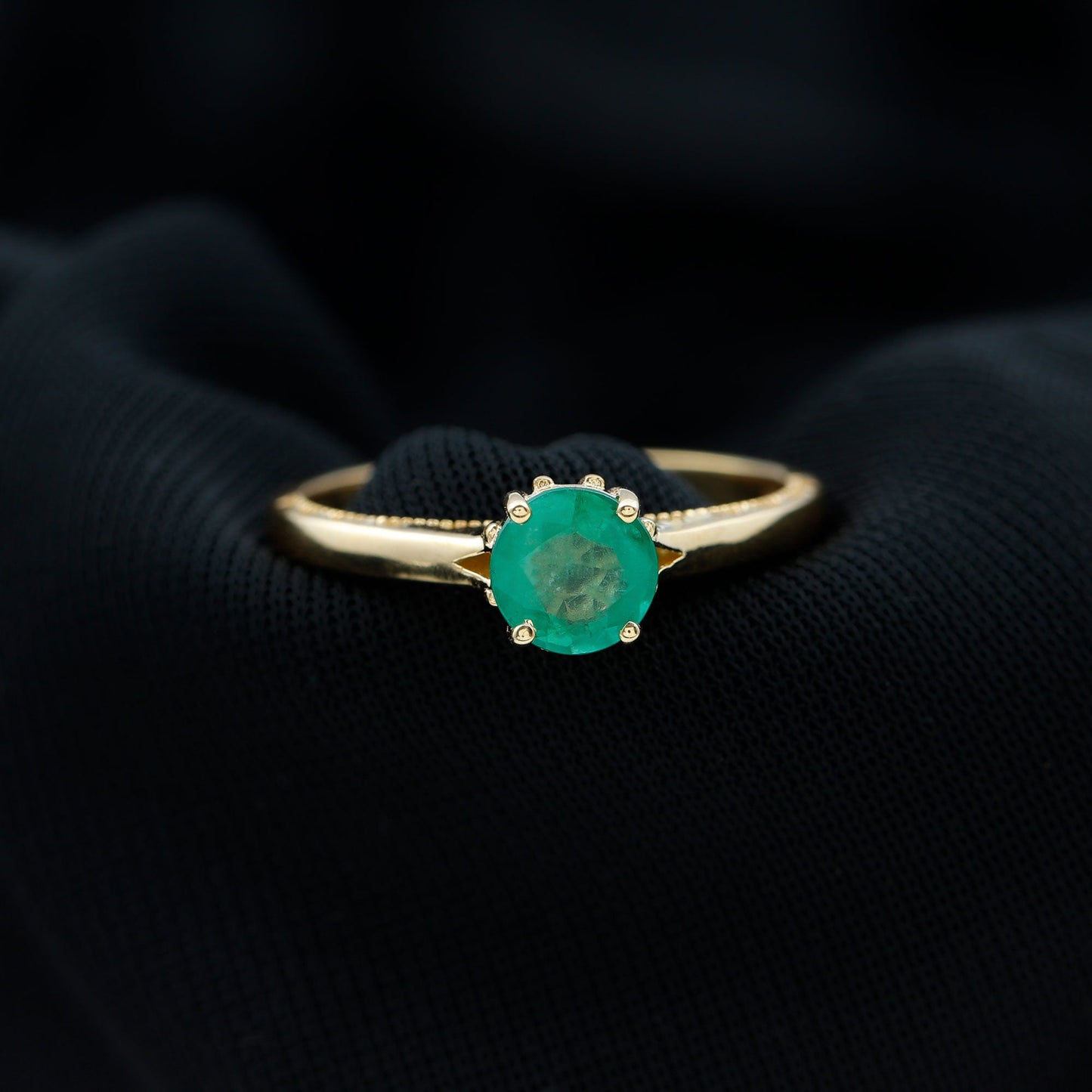 May Birthstone 5 MM Emerald Solitaire Ring with Milgrain Detailing