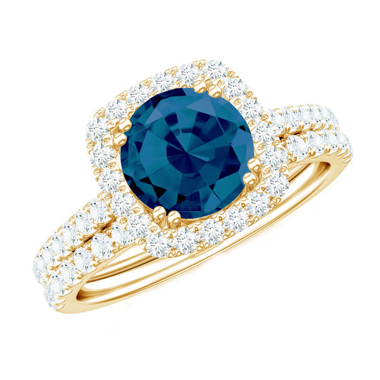 Genuine Blue Topaz and Diamond Halo Wedding Ring Set