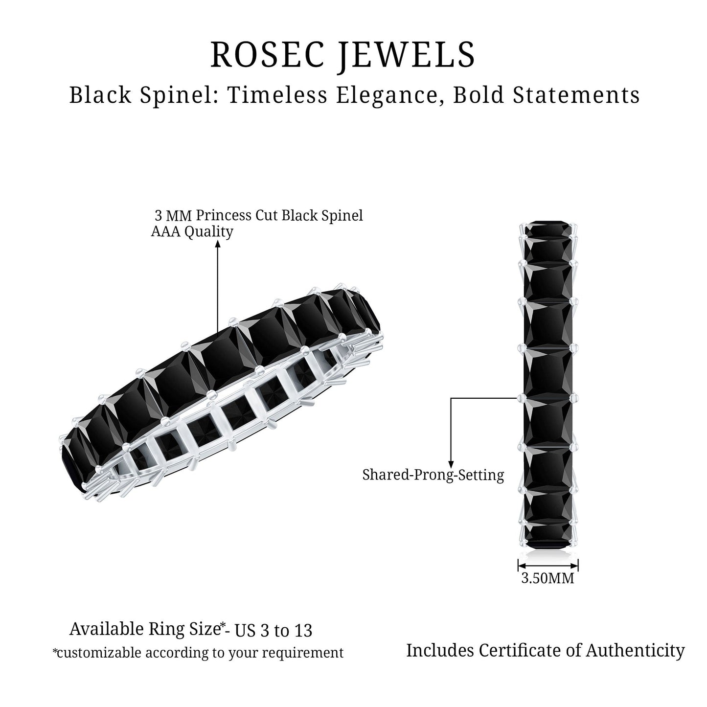 Certified Black Spinel Princess Cut Eternity Band Ring