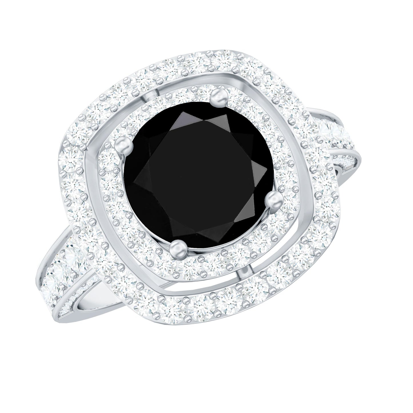Certified 8mm Black Onyx Statement Engagement Ring with Diamond Double Halo
